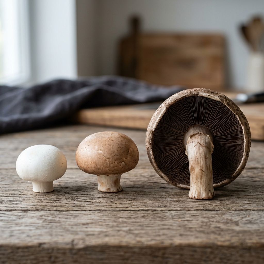 The growth stages of Agaricus bisporus: Portobello, Cremini, and White Button mushrooms