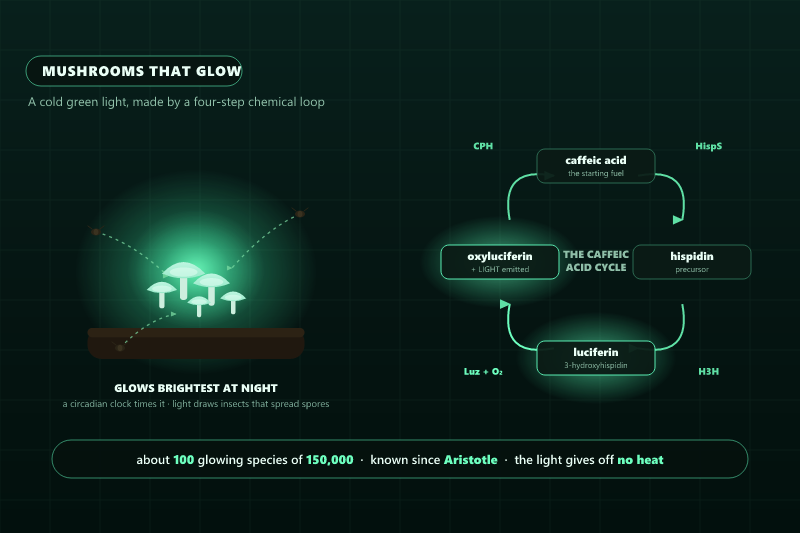 Diagram of bioluminescent mushrooms glowing green in the dark and attracting insects, beside the four-enzyme caffeic acid cycle that produces the light