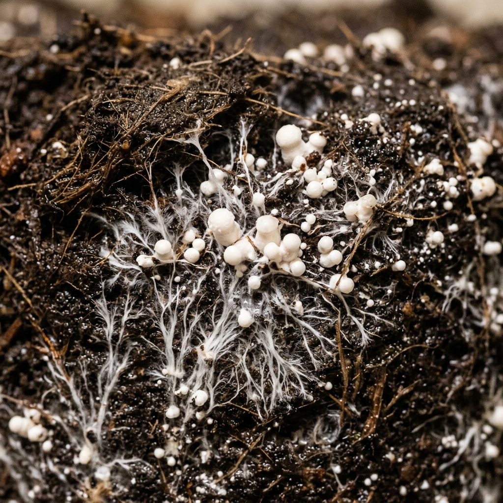 Close-up of white mushroom mycelium and small pinheads emerging through a dark casing layer of peat moss and coco coir