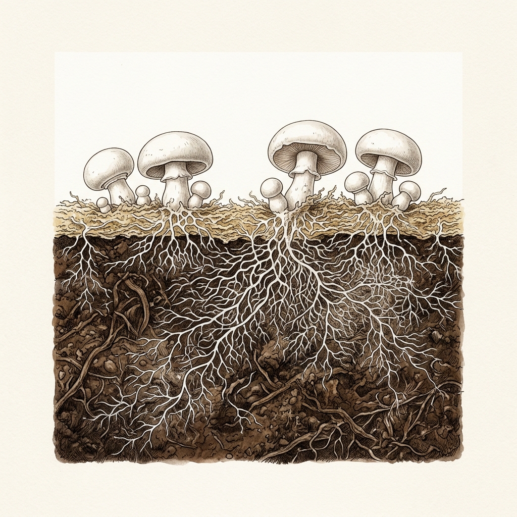 Cross-section illustration showing compost substrate, mycelium network, casing layer, and mushroom pins emerging during the fruiting process