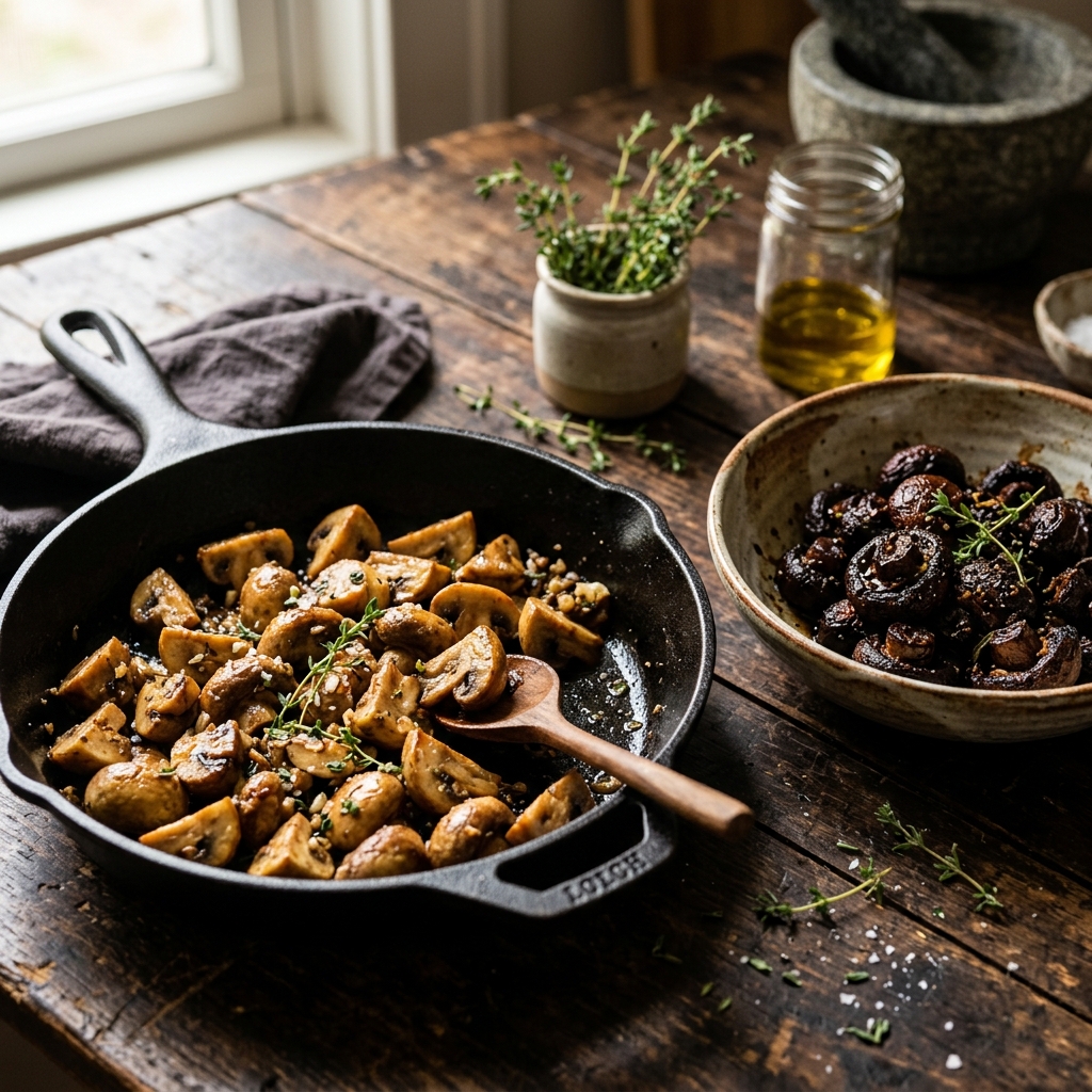 Glistening sautéed button mushrooms with garlic and thyme alongside oven-roasted and stewed varieties