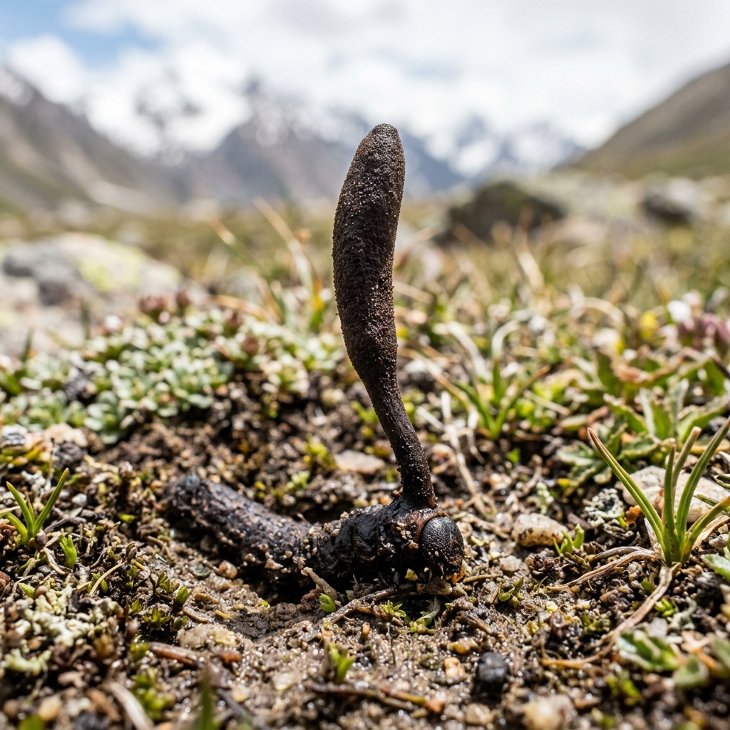 Wild caterpillar fungus (Ophiocordyceps sinensis) growing in the alpine soil of the Himalayas