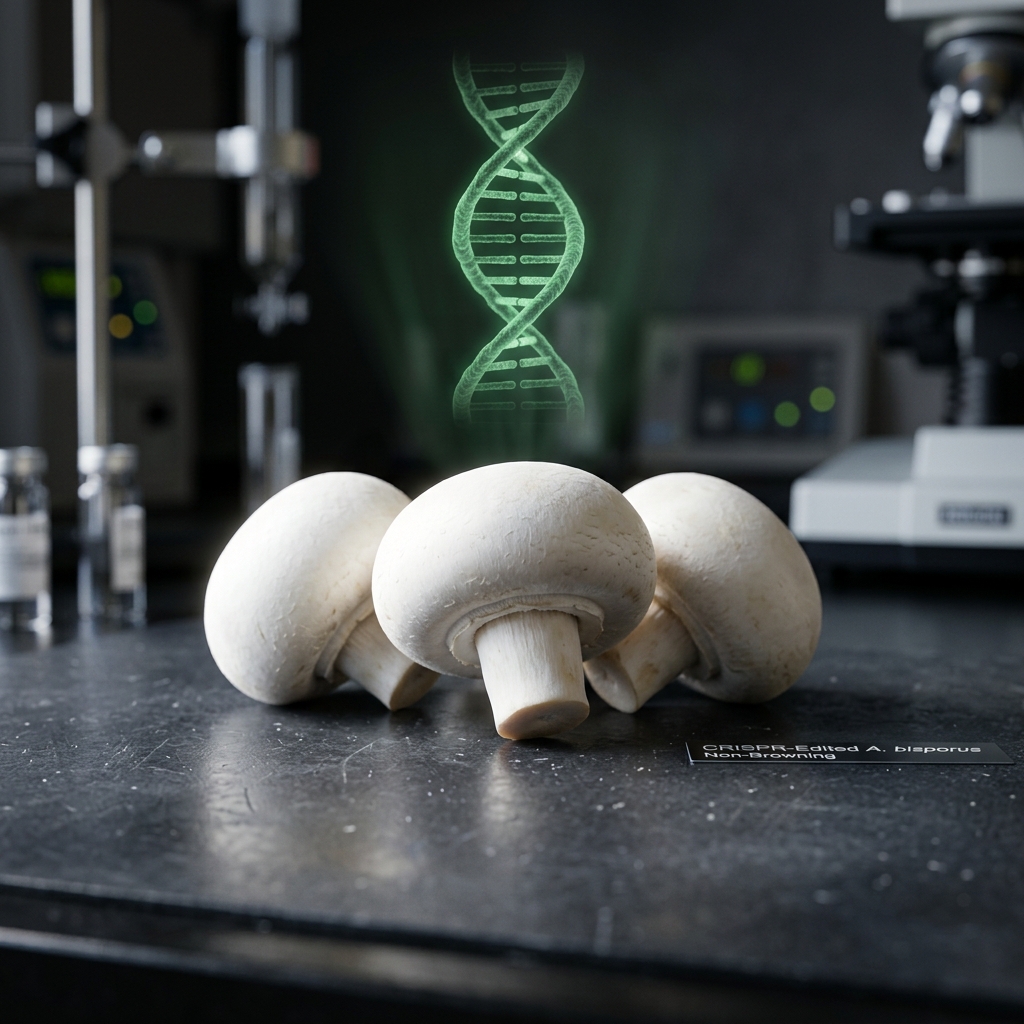 Pristine white button mushrooms in a laboratory setting with a faint DNA double helix hologram, representing CRISPR gene editing in agriculture