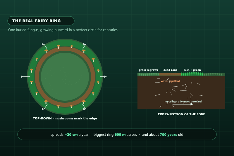 Diagram of a fairy ring: a top-down view of concentric zones of lush grass, dead grass and mushrooms at the growing edge, beside a soil cross-section of water-repellent mycelium advancing outward