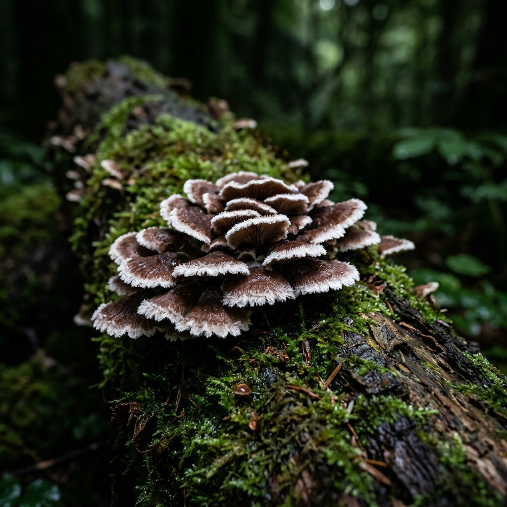 Cluster of wild mushrooms on a mossy log — illustrating fungal electrical communication