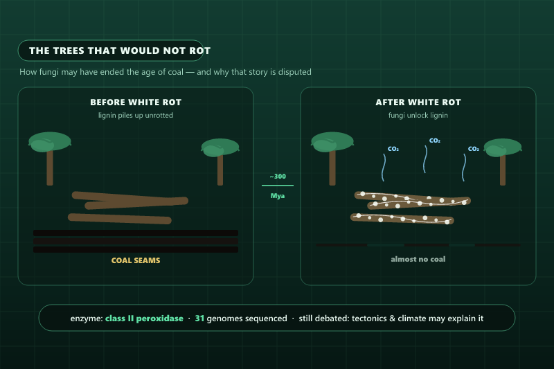 Two-panel comparison: before white rot fungi, fallen Carboniferous trees pile up unrotted and become thick coal seams; after white rot evolves, fungi decay the trunks and almost no coal remains