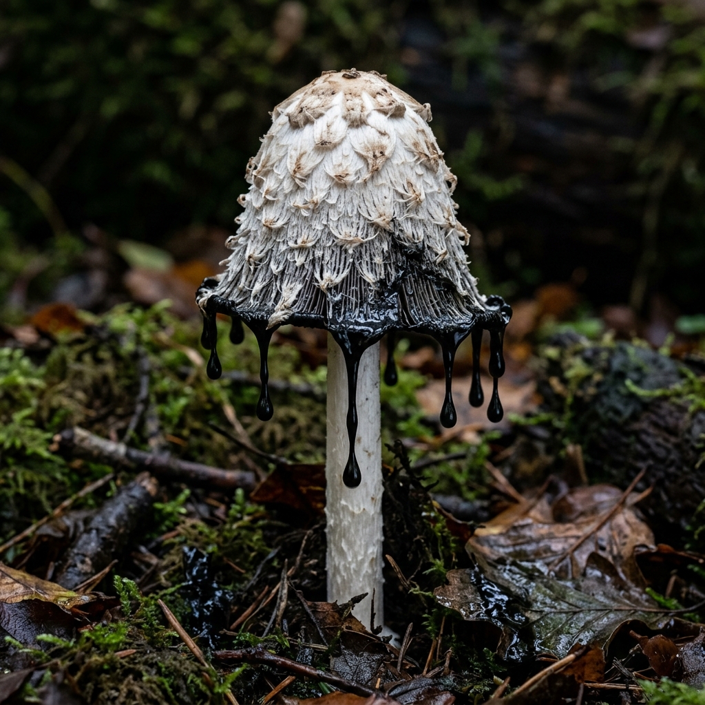 Close-up of a Shaggy Mane mushroom cap actively dissolving into glistening drops of jet-black liquid