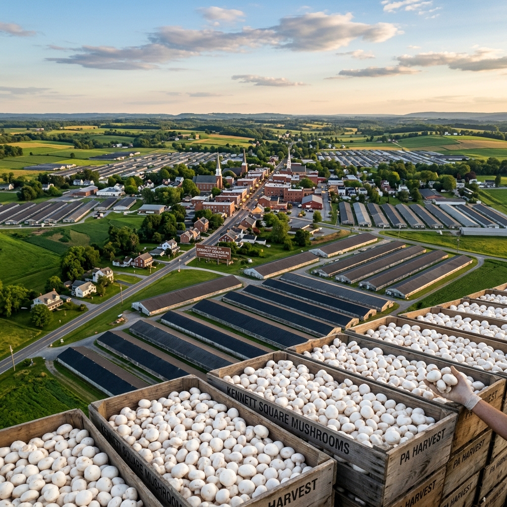 Charming small Pennsylvania town surrounded by rolling green farmland with rows of mushroom growing houses and crates of fresh white button mushrooms in the foreground