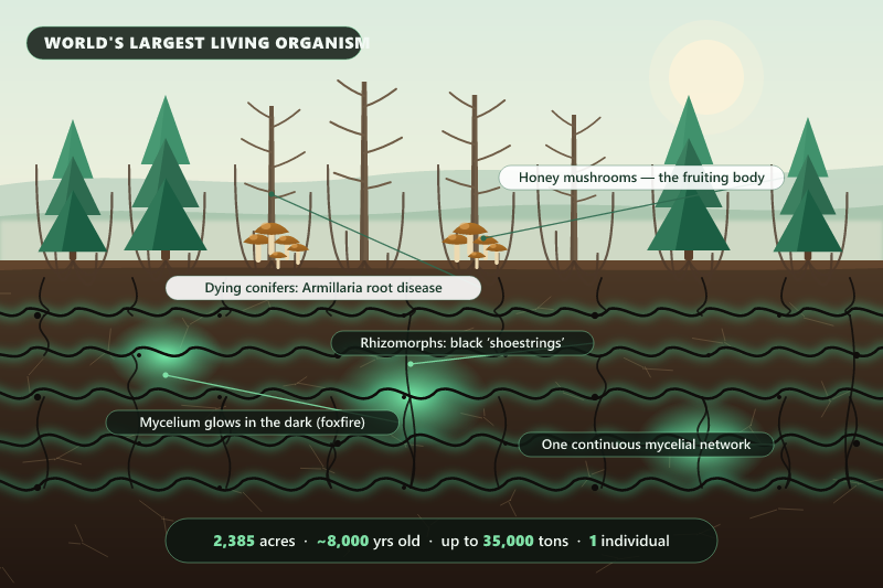 Cross-section illustration of Oregon's Humongous Fungus: dying conifers above ground killed by Armillaria root disease, honey mushroom fruiting bodies at the tree bases, and a vast glowing network of black rhizomorphs and mycelium connecting every tree as one organism underground