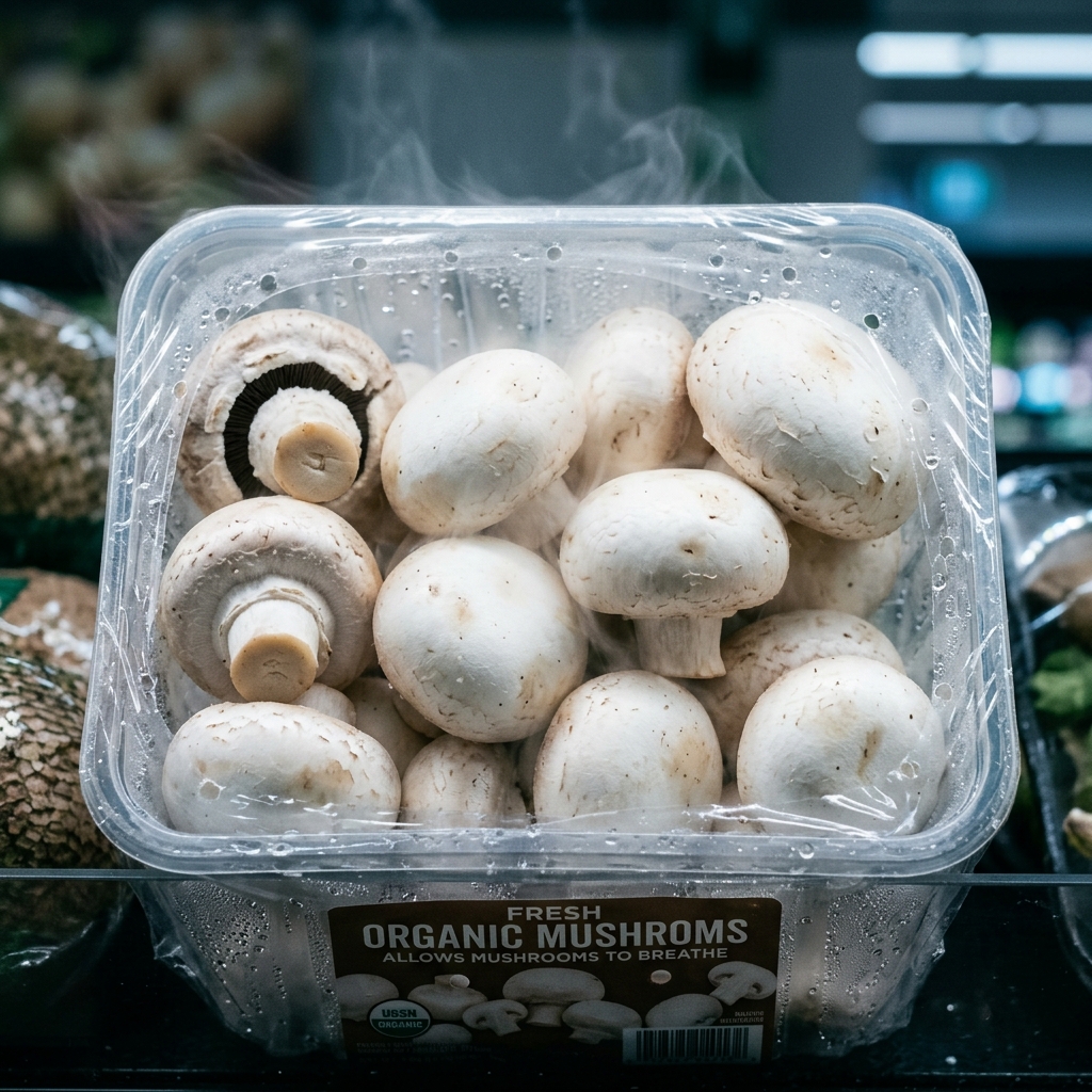 Fresh white button mushrooms inside clear perforated plastic packaging with subtle misty condensation, showing they are still alive and breathing in the refrigerator