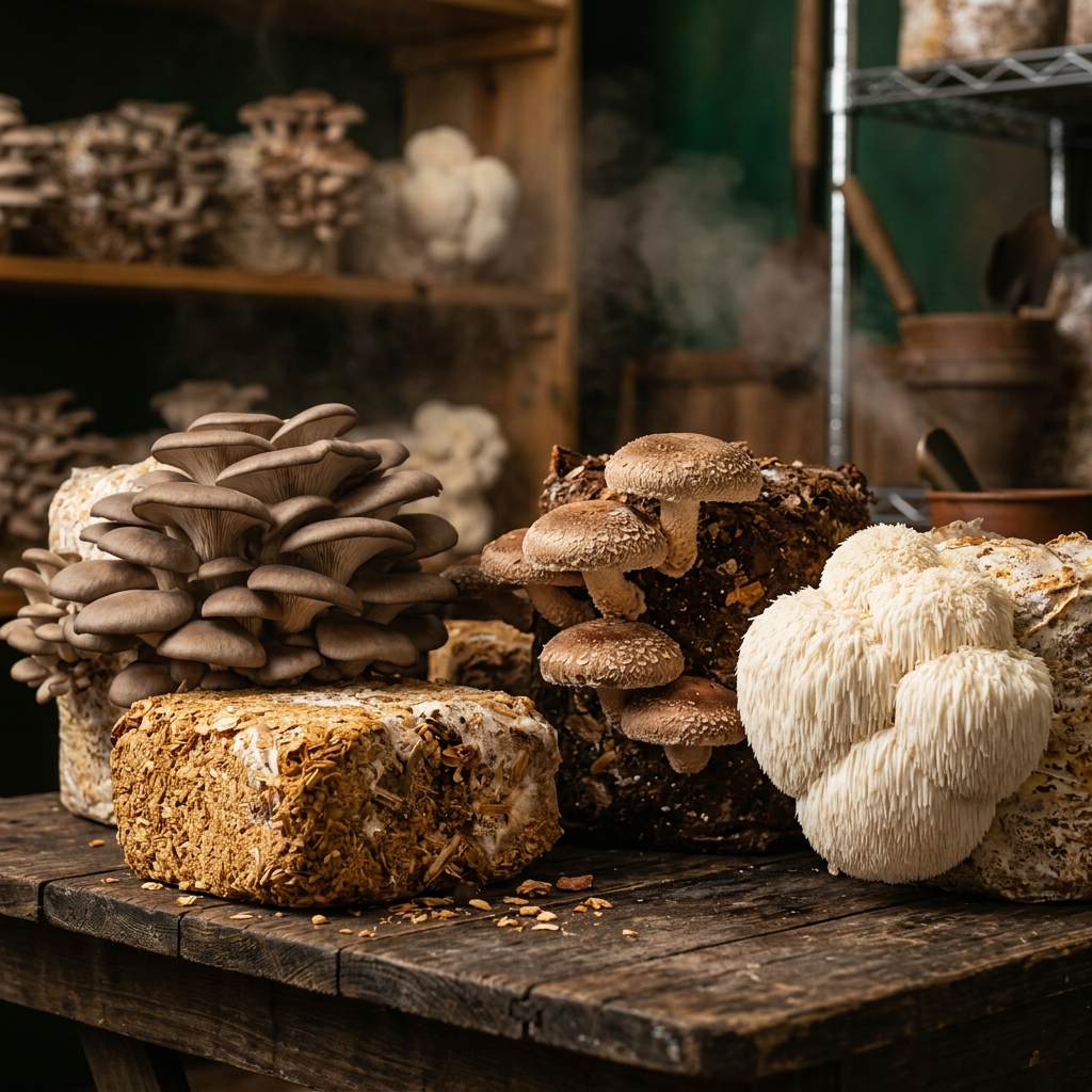 Gourmet mushrooms — Shiitake, Oyster, and Lion's Mane — growing vigorously from compressed blocks of golden-brown hardwood sawdust mixed with soybean hulls and oat bran in a mushroom growing room