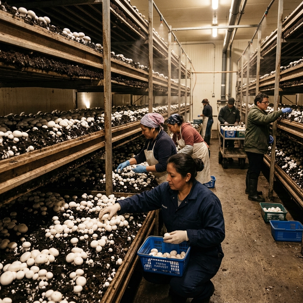 Workers hand-picking white button mushrooms from dark growing beds inside a climate-controlled mushroom farm