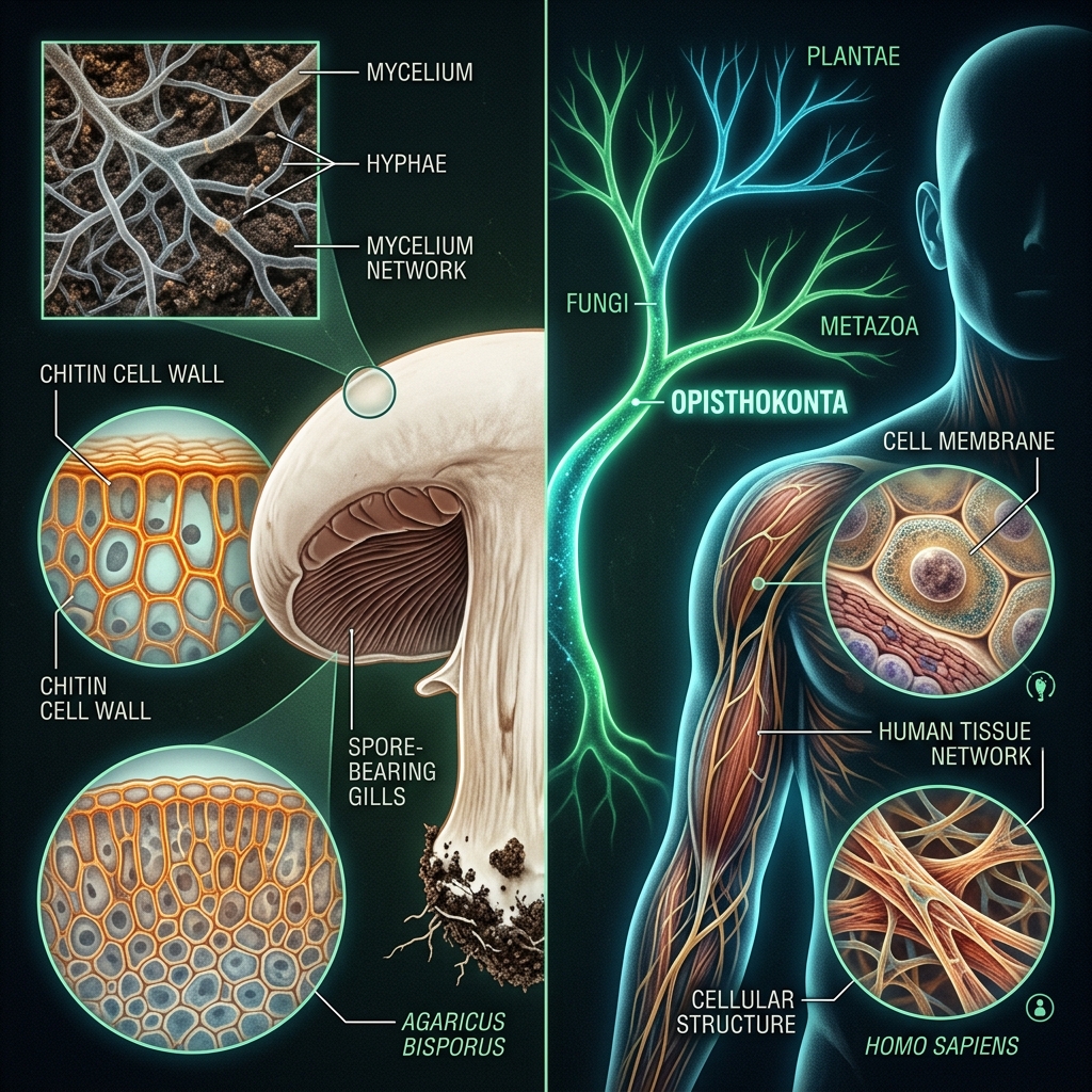 Scientific illustration comparing mushroom and human cellular biology, connected by the Opisthokonta branch of the evolutionary tree of life