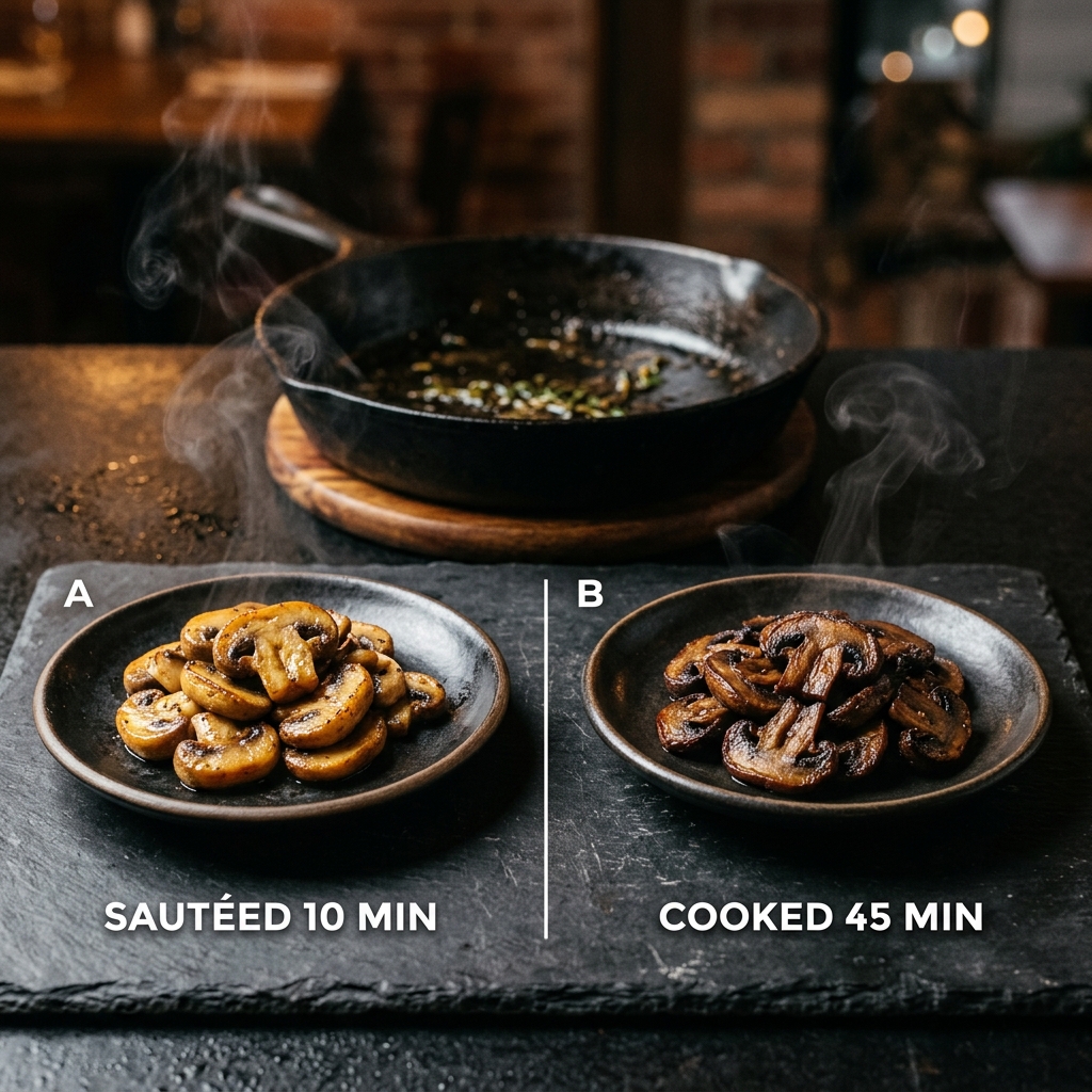 Golden-brown sautéed button mushrooms in a cast iron skillet demonstrating their remarkable heat resilience and maintained texture after extended cooking