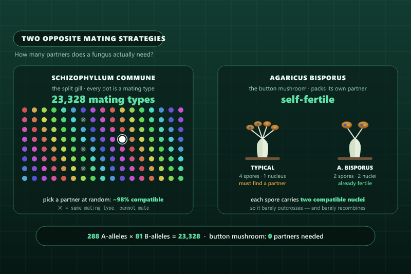 Comparison diagram: on the left, a grid of coloured dots representing the 23,328 mating types of Schizophyllum commune with about 98% compatible; on the right, basidia showing a typical mushroom's four single-nucleus spores versus Agaricus bisporus packing two compatible nuclei into each of two spores
