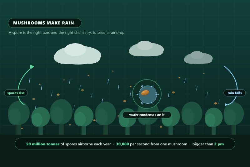 Illustration of the forest rainfall loop: spores rising from a forest into clouds, water condensing onto a single spore, and rain falling back onto the forest