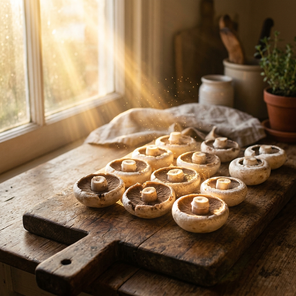 Fresh white button mushrooms placed gill-side up on a wooden cutting board bathed in warm golden sunlight streaming through a window