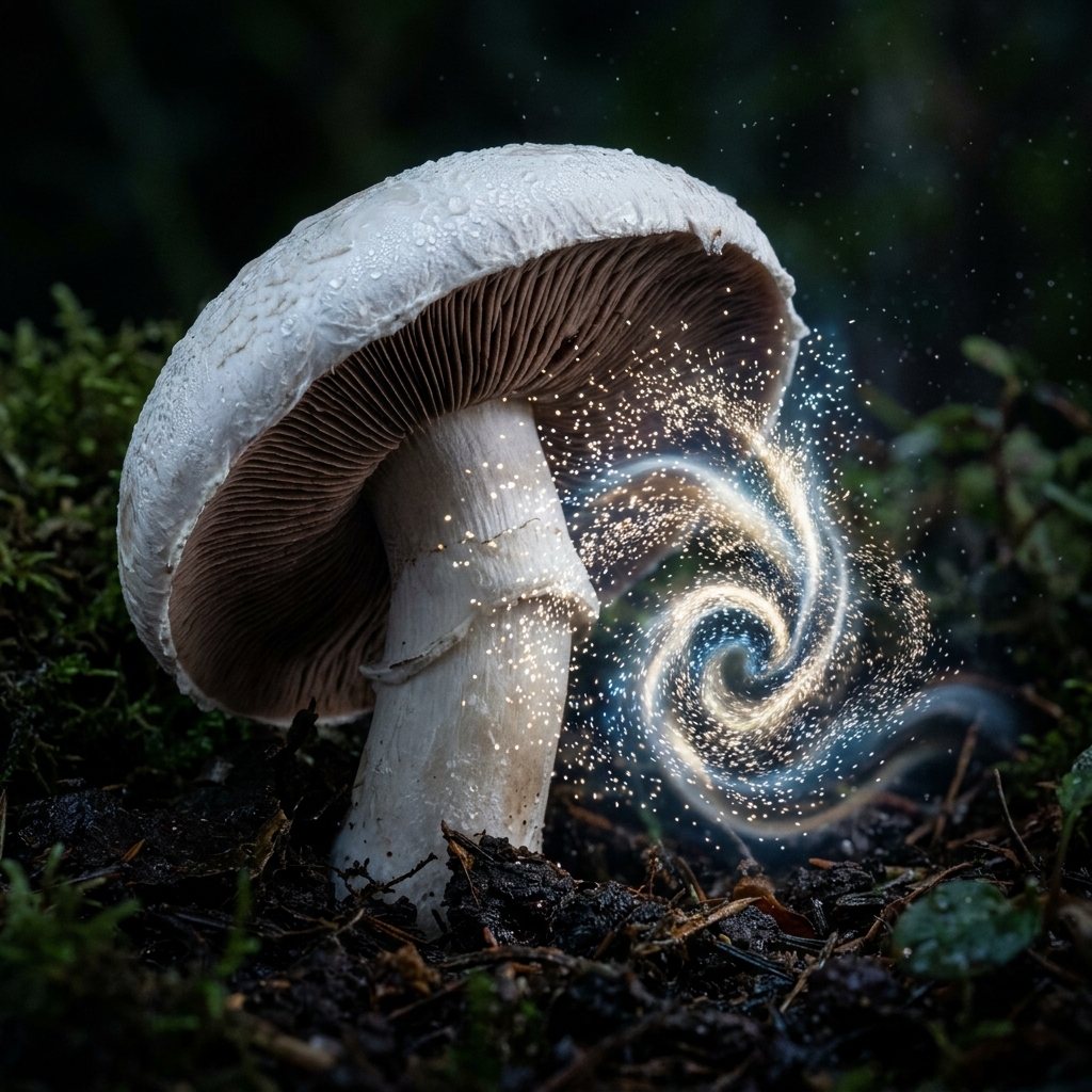 Close-up of white button mushrooms releasing spores which are swept away by self-generated convective wind currents