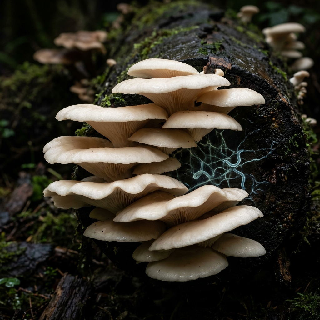 Dramatic macro photograph of oyster mushrooms growing on a dark log with faint nematode worms visible in fungal hyphae, illustrating their carnivorous predatory nature