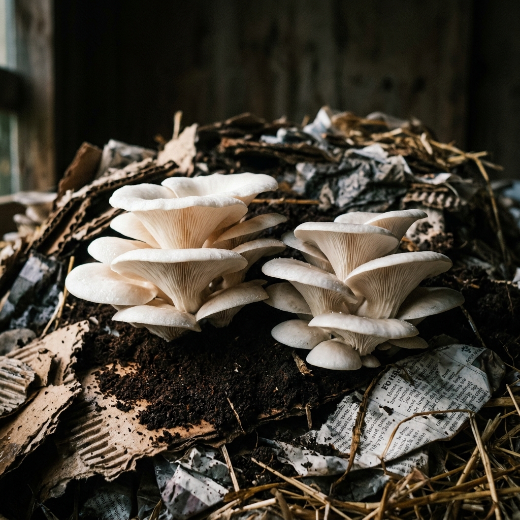 Beautiful pearl-white oyster mushrooms growing vigorously from a pile of coffee grounds, torn cardboard, and newspaper, demonstrating their incredible ability to digest waste materials