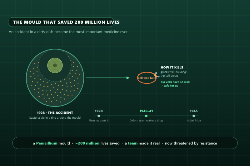 Diagram of the penicillin story: a petri dish where a Penicillium mould has cleared a ring of dead bacteria, the mechanism of a bacterium bursting as its wall fails, and a timeline from 1928 to 1945