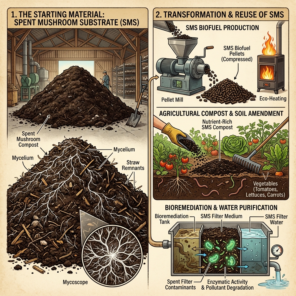 Split scene showing spent mushroom substrate being transformed into biofuel pellets, garden compost, and bioremediation material with visible mycelium and enzyme activity
