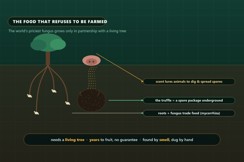 Cross-section illustration of a truffle: an oak tree with roots reaching a black truffle underground via mycorrhizae, its aroma rising to a foraging animal's snout