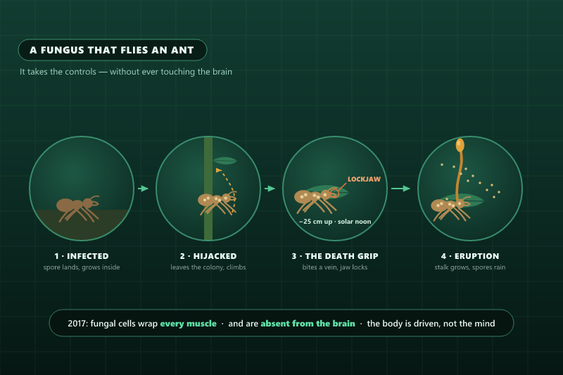 Four-stage diagram of the zombie ant fungus: infection, the hijacked climb, the locked death grip on a leaf vein, and the fungal stalk erupting to rain spores down